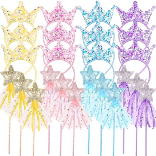Hollowfly 48 Pcs Princess Party Favors Including 24 Glitter Star Fairy Wands and 24 Sequin Princess Crown Headbands for Girls Birthday Party Gifts