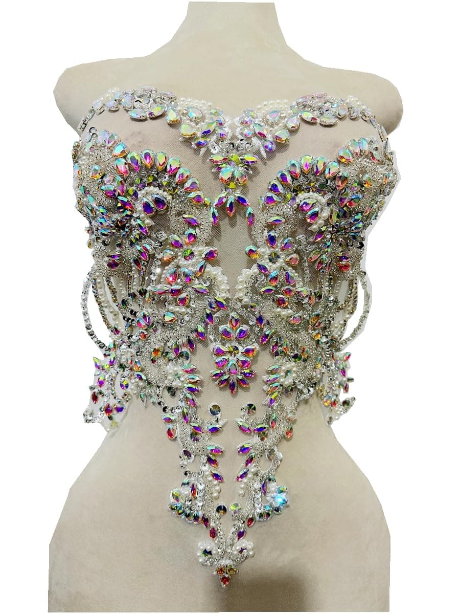 Handmade redBlueGoldGreen Rhinestones lace Bodice Applique Sewing Beads Crystal Trim Patches Accessory for Dress Clothes Multicolored