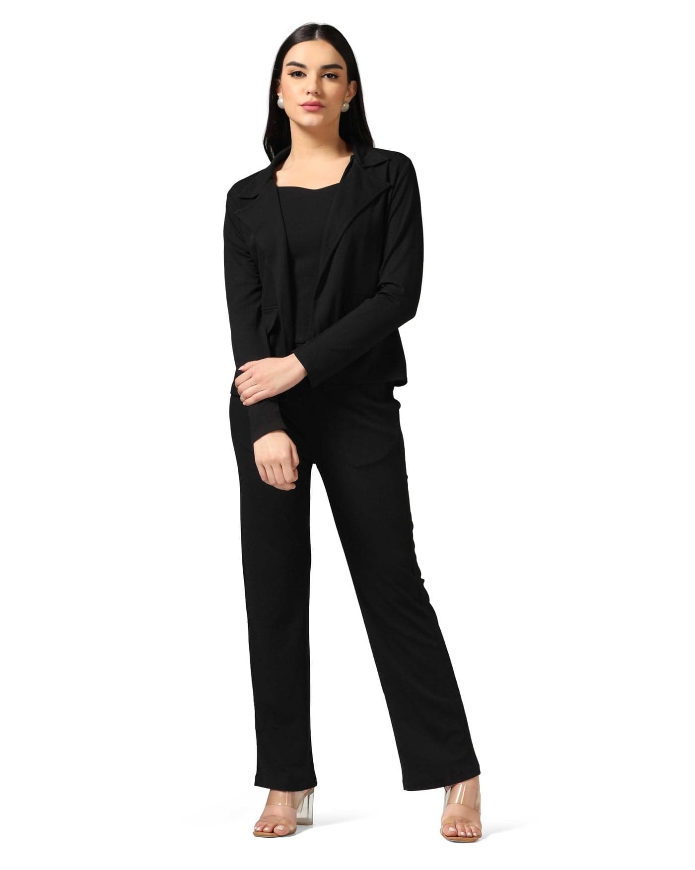 OM SAI Latest Creation Women Lycra 3-Piece Co Ord Set| Printed Formal Co-Ord Set Blazer Co Ord Set (X-Large, Black)