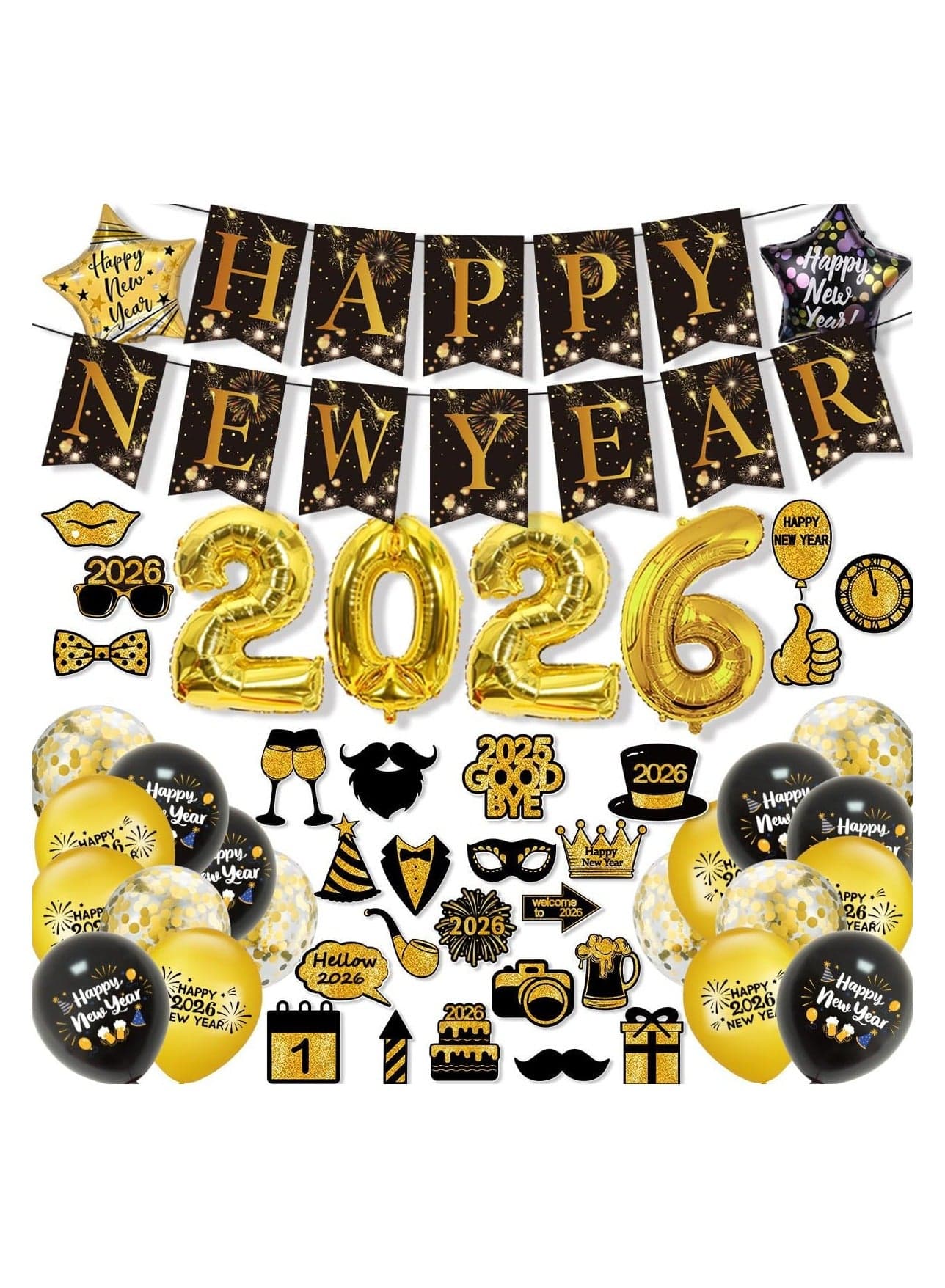 2026 Party Supplies Set - Large, 25-Piece | Gold and Black Happy New Year Banner, 2026 Number Balloons, New Year Foil Balloons | 2026 New Year's Eve Decorations, 2026 New Year Decorations