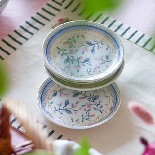 Clay Craft x Magique by The Wishing Chair : River of Flowers Ceramic Plates Set of 4 | 6 Inches | Snack Plates | Elegant Lightweight Small Ceramic Plates for Appetizers & Desserts | Dishwasher Safe