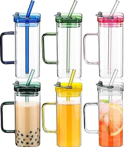 Dakshayanii 400ML Black Glass Kids Sipper Tumbler with Straw and Acrylic Wooden Lid for Juice Milk Green Tea Coffee Soda Can Cup Pack of 6