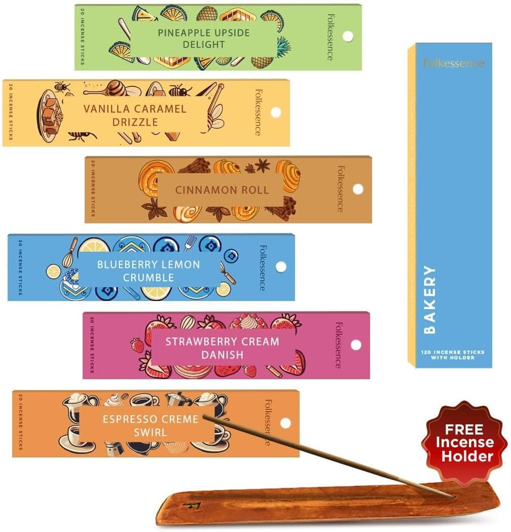 Folkulture Incense Sticks with Holder for Gift Set of 6 120 Organic Non Toxic Incense Sticks Bakery Themed Vanilla Caramel Blueberry Strawberry Cinnamon Insense for Gifts for Mothers