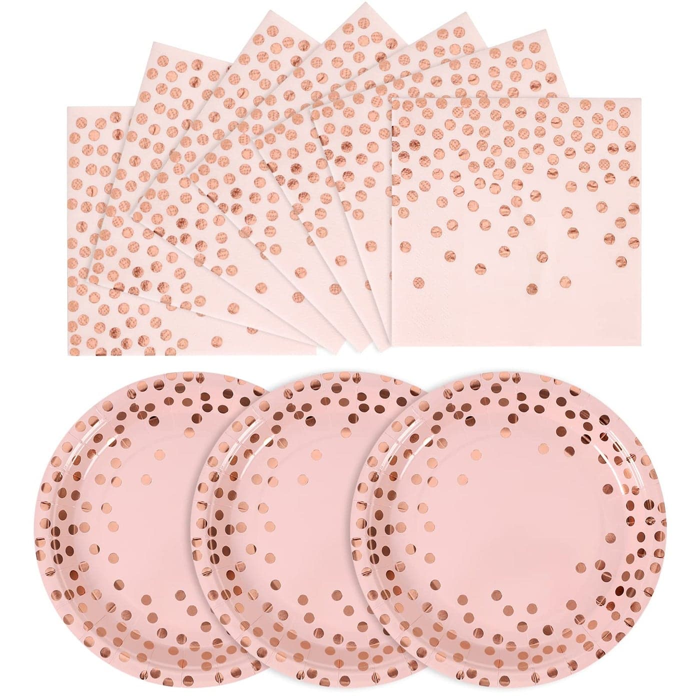 CENLBJ Pink and Rose Gold Paper Plates 100 Pack 50 x 7 Dessert Plates 50 x 65 Napkins Pink Paper Plate and Napkins Party Supplies for Baby Showers Birthdays and All Occasions