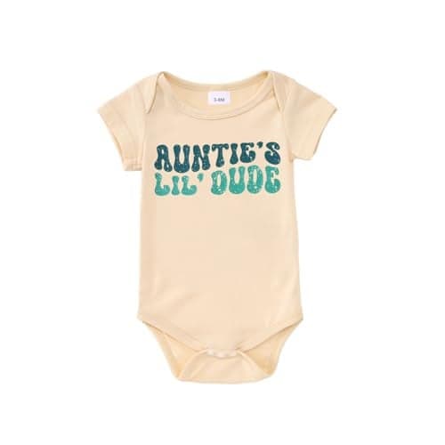 CM C&M WODRO Newborn Baby Boy Bodysuit Aunties Lil Dude Funny Onesie Infant Romper Summer Aunt Baby Clothes Gift 0-18M (Beige, 6-12M)