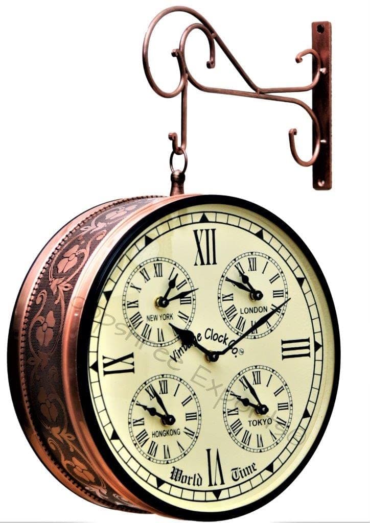 Vintage Clock Iron Handcrafted Double Side Analog Clock With World Time & Roman Numbers 1 Year Warranty (12 Inches Size , Rose Gold Finish , Floral Design, Vc-65471)
