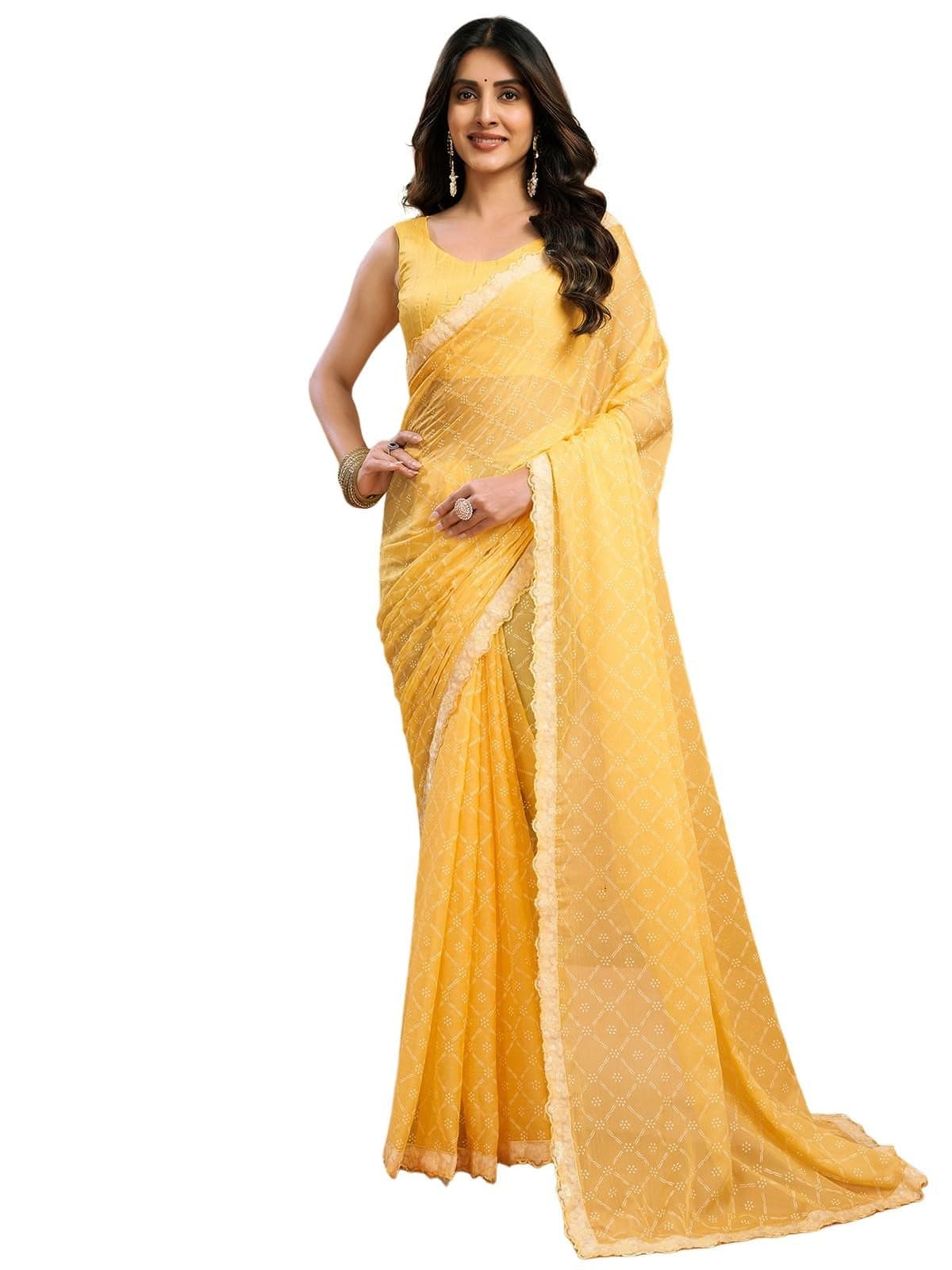 Satrani Women's Chiffon Printed Saree with Unstitched Blouse Piece (4011S6288N_Light Yellow)