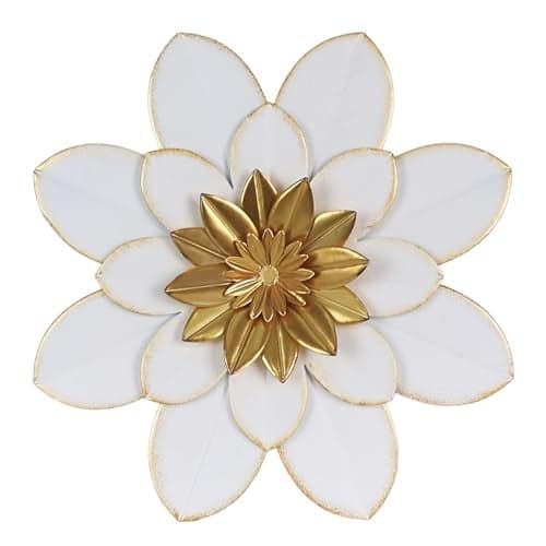 hogardeck Metal Flower Wall Decor, 16" White Gold Floral Metal Wall Art for Indoor Outdoor, Boho Farmhouse Modern Wall Decor for Bathroom, Living Room, Kitchen, Bedroom, Porch, Garden, Yard