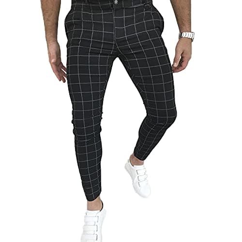 Men's Fashion Stretch Dress Pants Slim Fit Plaid Skinny Long Pants Casual Business Golf Dress Pants Black