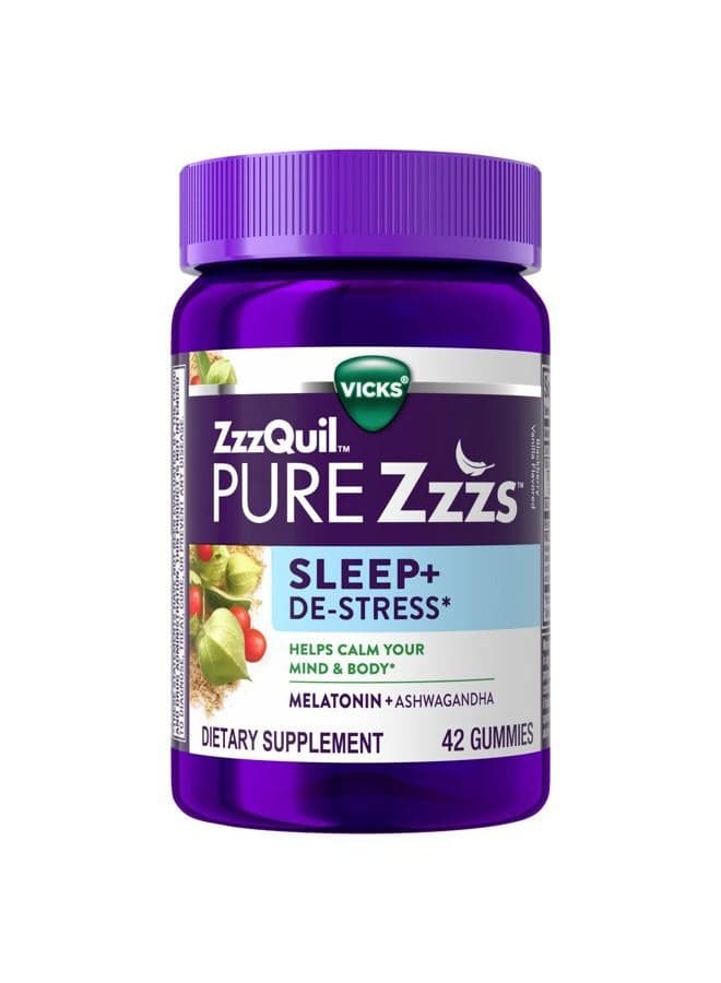PURE Zzzs De-Stress Melatonin Sleep Aid Gummies, Helps Calm Your Mind and Body, Ashwagandha for Stress Support, Sleep Aids for Adults, 1 mg per gummy, 42 Count