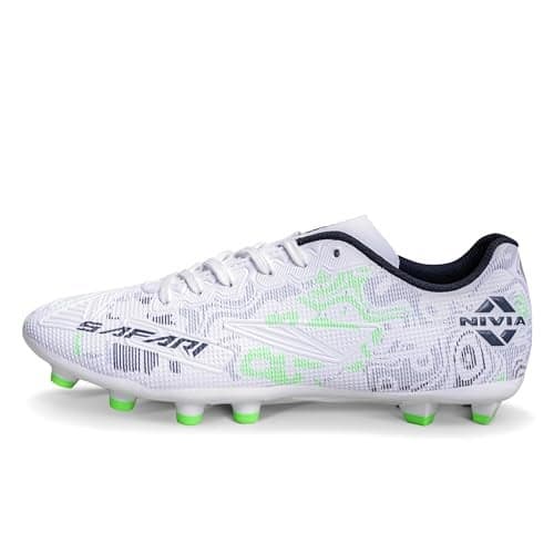 Nivia Safari Football Stud for Men, PU Synthetic Leather Upper, TPU Sole, Die-Cut EVA Sockliner, Ideal for Hard & Grassy Surfaces (White/Grey) Size-UK03