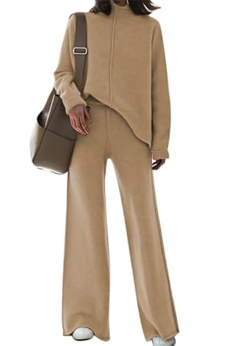 Fixmatti Womens 2 Piece Knitted Outfits High Neck Lounge Set Side Slit Knitted Sweater and Wide Leg Pant Tracksuit L