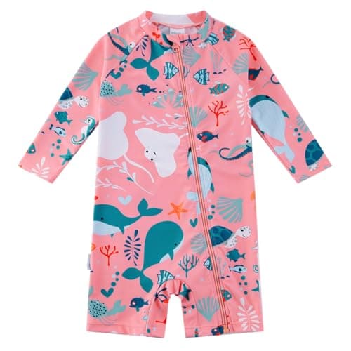 upandfast Baby/Toddler Girl Swimwear Swimsuit Full Zipper Infant One Piece Sunsuit UPF50+(18-24 Months,Pink Whale)