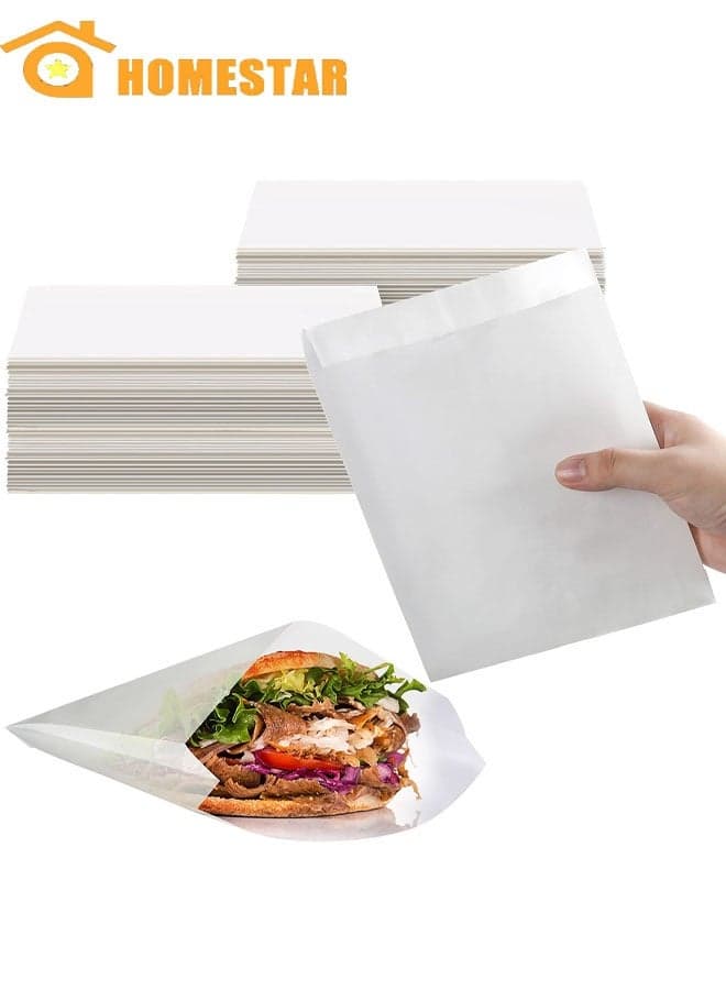 100 Pcs Paper Sandwich Bags, Wet Wax Paper Bags, Grease Resistant White Paper Bags, Translucent Bags for Bakery Cookies, Candy, Snacks, French Fries