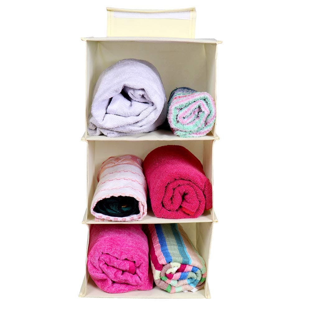 MBW Hanging Organizer for Wardrobe Cloth Organizer for Wardrobe Hanging Organizer Clothes Organizer Pack of 1 with 3 Shelves Cream