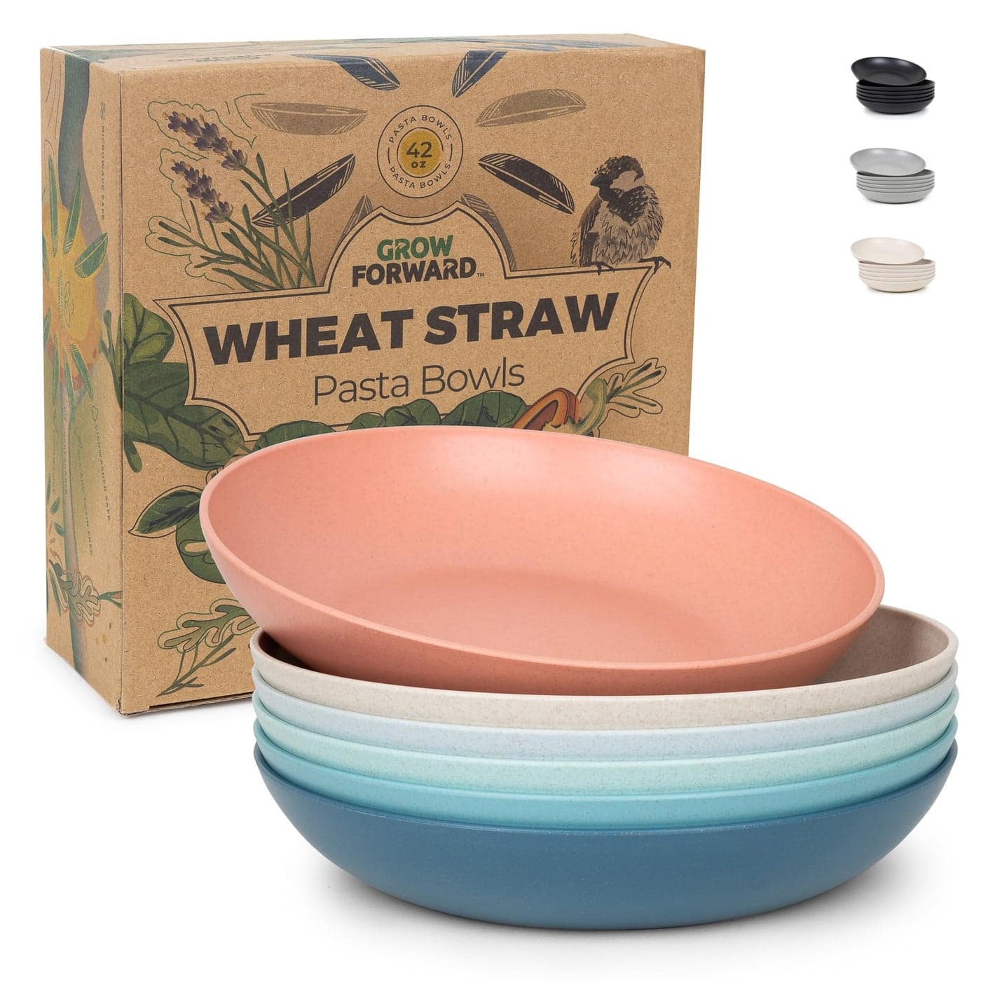 Grow Forward Premium Wheat Straw Pasta Bowls 42oz Unbreakable Wide Shallow Dinner Plate Bowls Set of 6 Microwave Safe Reusable Plastic Pasta Bowls for Kids Adults Salad Camping RV Tropical
