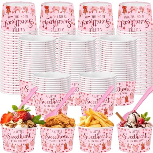 Yungyan 48 Pcs Sweetheart Baby Shower Snack Cups with Spoons 9oz Disposable Ice Cream Bowls a Little Sweetheart Is on The Way Paper Cups Red Hearts Bear Dessert Bowl for Baby Shower Party Supplies