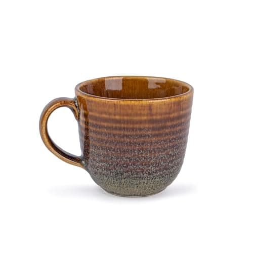 Shay Large Ribbed Brown Reactive Ceramic Coffee Mug, 400ml | Glossy Finish | Microwave Safe