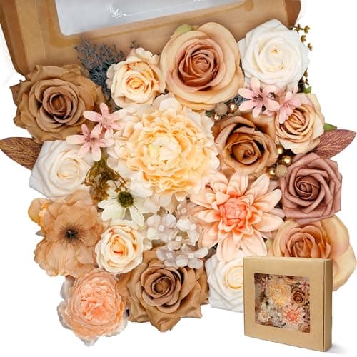 AUSOGO Artificial Flowers Combo Box Set 35pcs Silk Champagne Fake Rose, Peonies with Stem for DIY Wedding Cake Arch Bouquets Baby Bridal Shower Centerpieces Party Wall Home Decorations