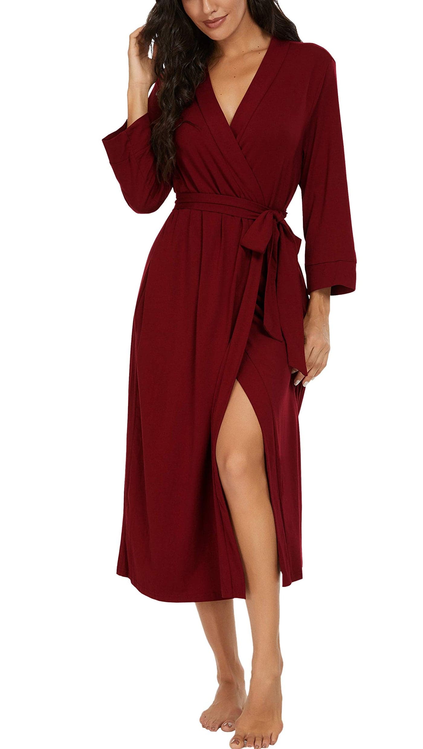 VINTATRE Women Kimono Robes Long Knit Bathrobe Lightweight Soft Knit Sleepwear V-neck Casual Ladies Loungewear Wine Red-Medium