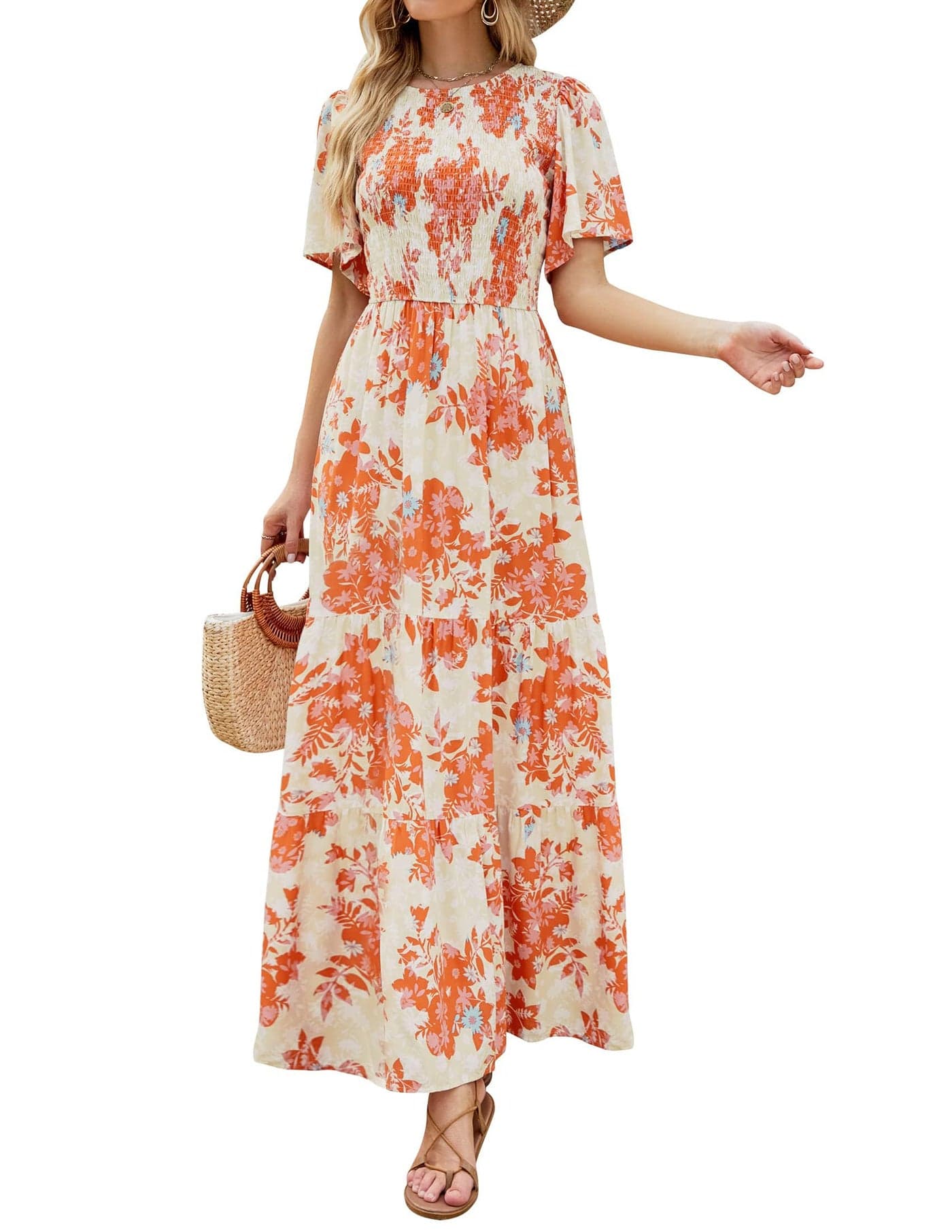 ZESICA Women's 2025 Summer Casual Floral Print Short Flutter Sleeve Crew Neck Smocked High Waist Flowy Maxi Dress,Tangerine,XX-Large