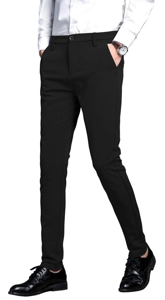 Plaid&Plain Men's Stretch Dress Pants Slim Fit Skinny Suit Pants 7101 Black 28W30L