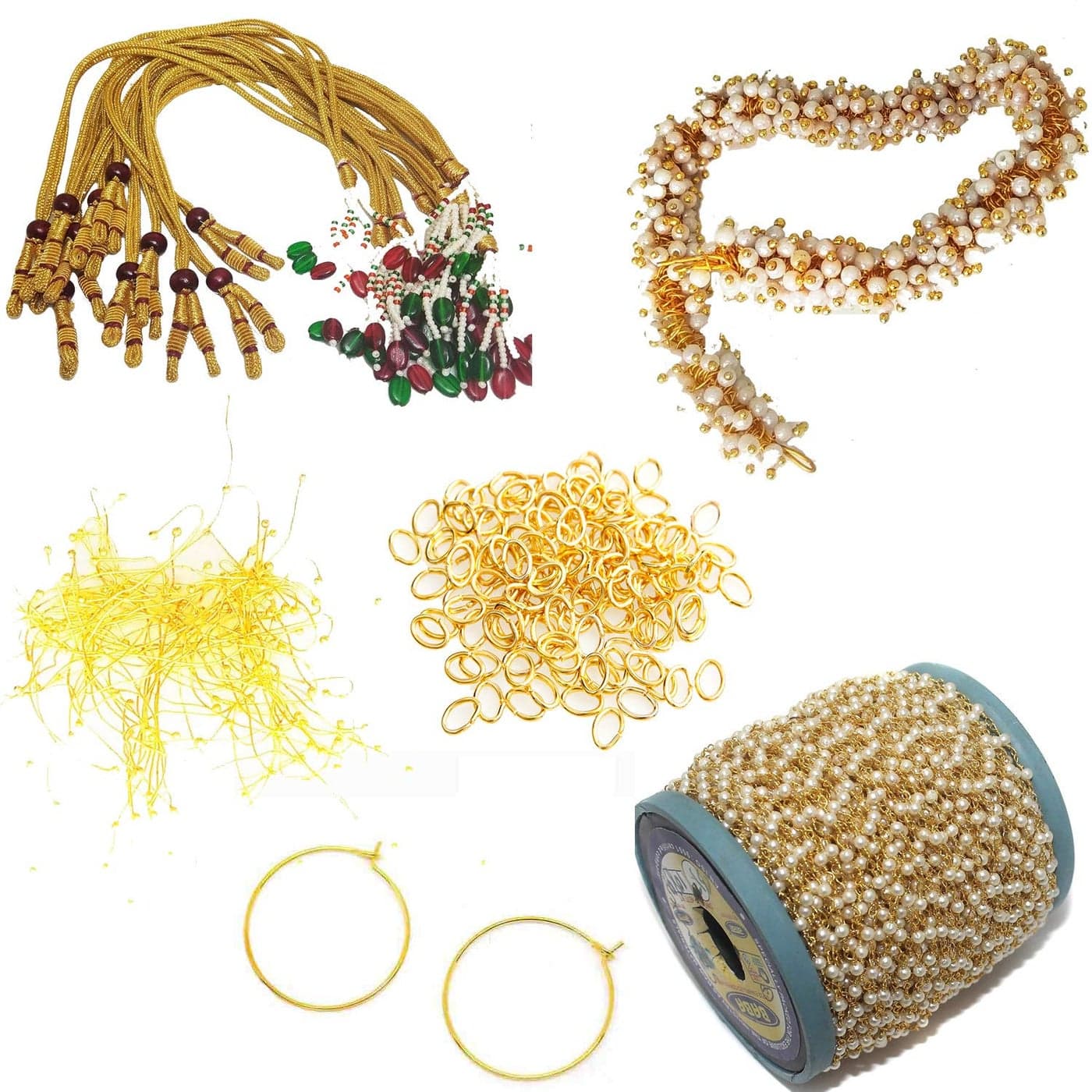 Generic(6 Items) DIY Jewelry Making Accessories kit with 2 m Pearl Rosary Chain,6 pcs Necklace Ropes(dori), 20 gr lureal Pearl Charms,20 gr mogra Wire,20 gr Jump Rings,10 Pairs Earring Making Hoops