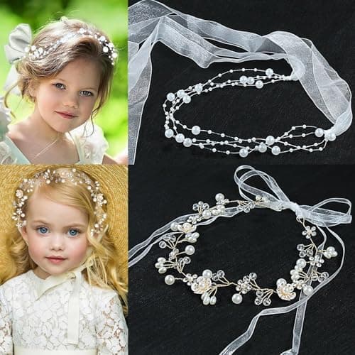 LAPOHI 2 PCS Wedding Flower Headpieces Girls White Pearl Headband Princess Rhinestone floral Galloon Hair Accessories Crown Tiaras Women Party Birthday