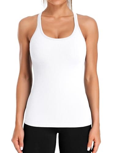 ATTRACO Seamless Workout Tank Tops for Women Racerback Athletic Tank with Built in Bra White