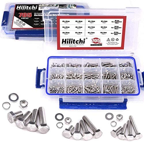 Hilitchi 705Pcs M3 M4 M5 Hex Hexagon Head Cap Machine Screws Bolts Nuts Flat and Lock Washers Assortment Kit 304 Stainless Steel 8 to 20mm Length Full Thread