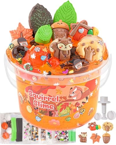 Squirrel Orange Slime Kit Clear Slime Bucket with Clay 10 Packs of Addins Slimes Party Favors for Kids Sensory Toys Experience DIY Slimes Kit Birthday Easter Hallowmas Gift for Girls Boys