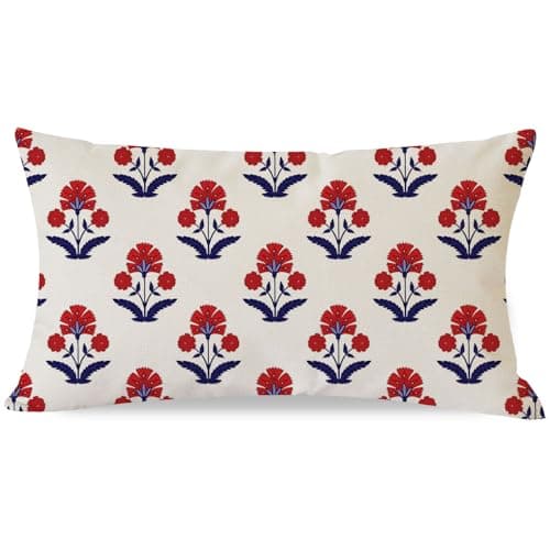 PANDICORN Block Print Throw Pillow Covers 12x20 Inch Red and Blue Vintage Boho Floral Outdoor Decorations Lumbar Decorative Throw Pillows Cases Covers for Home Living Room Couch Decor