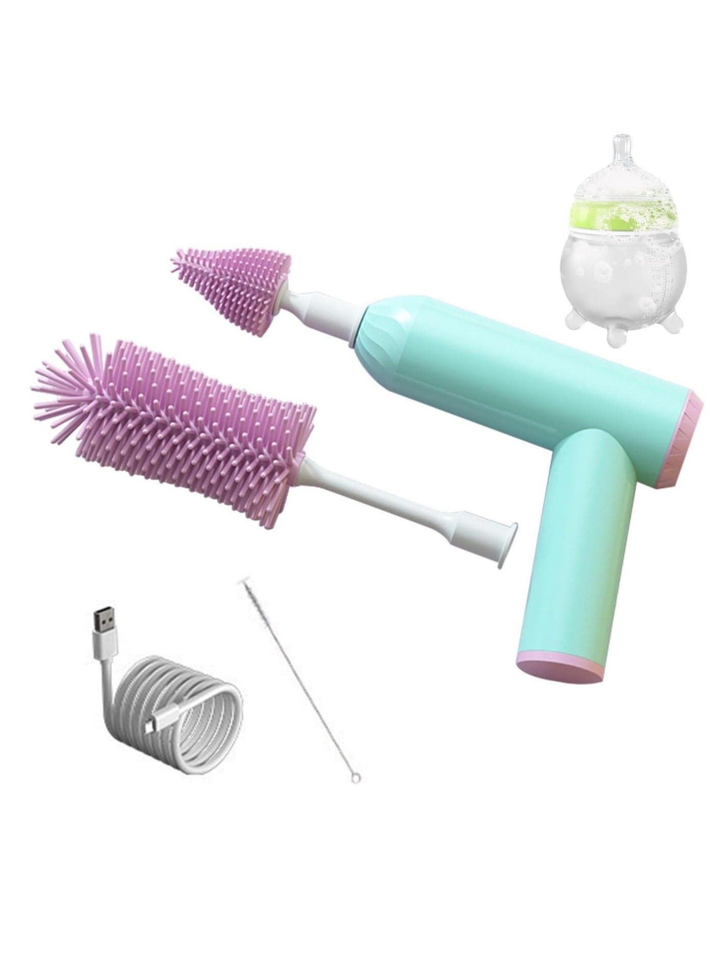 Electric Baby Bottle Brush, Silicone Brush Set, Cleaning Kit, Rechargeable Cordless Straw Portable for Bottle, Nipple and