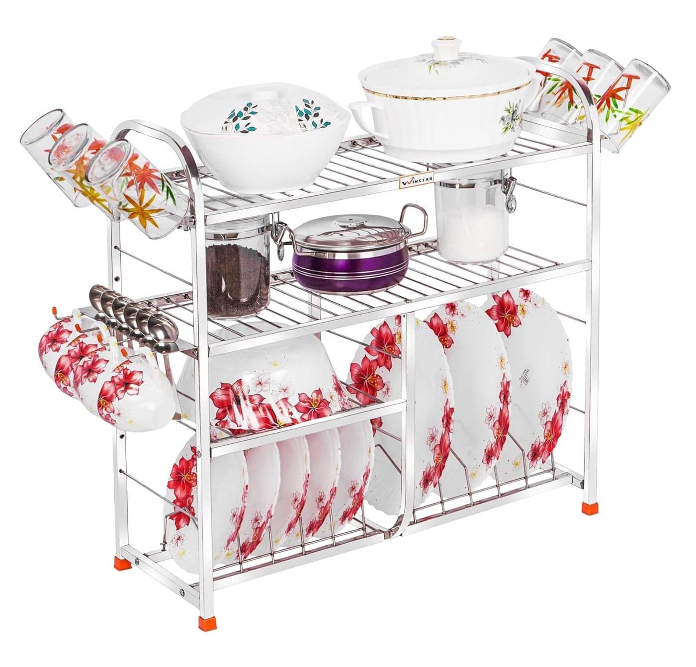 WINSTAR Stainless Steel 4 Shelf Wall Mount Kitchen Utensils Rack | Dish Rack with Plate & Cutlery Stand | Modular Kitchen Storage Rack | Kitchen Organizer | 24 L x24 H inches (Lower Plate)
