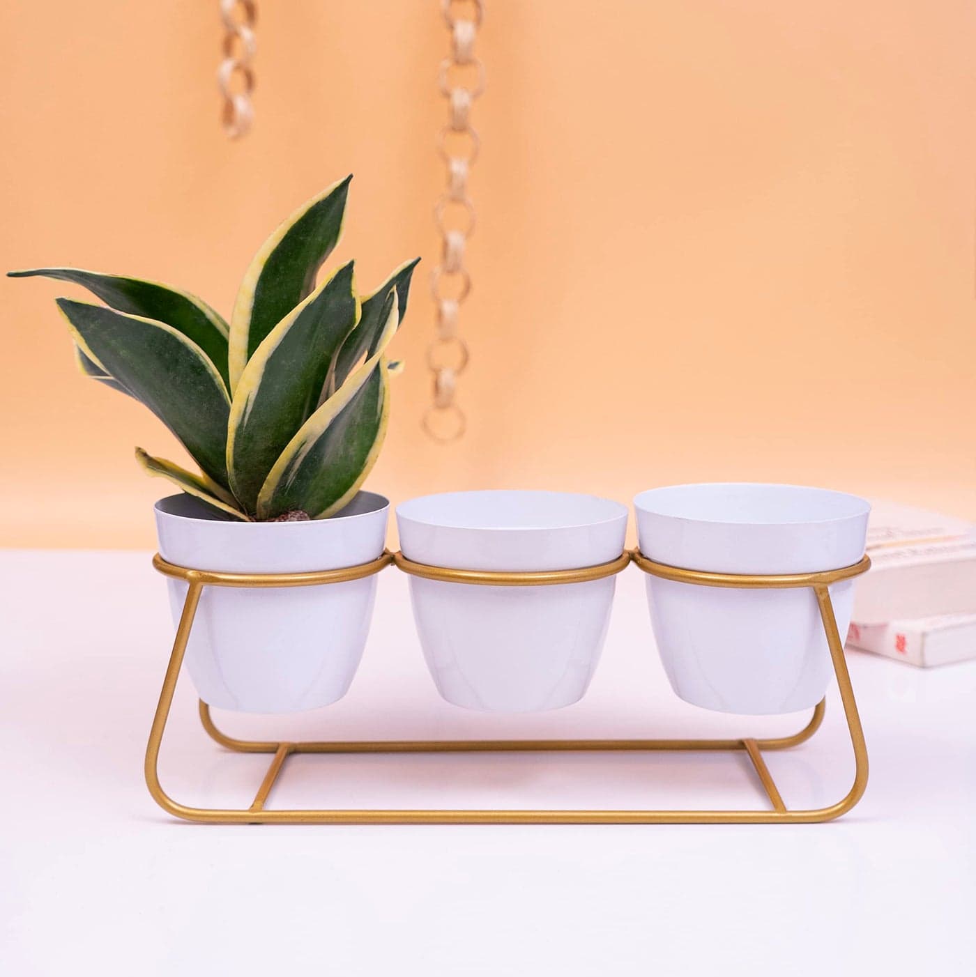 Kyari 3 Simplistic White Metal Pots with Triple Golden Stand, Rust-Free Powder Coated Metal, Indoor Outdoor Use, Home Office Decor, Plants Not Included, Pot Size: 9.5*8cm, Stand Height: 10cm