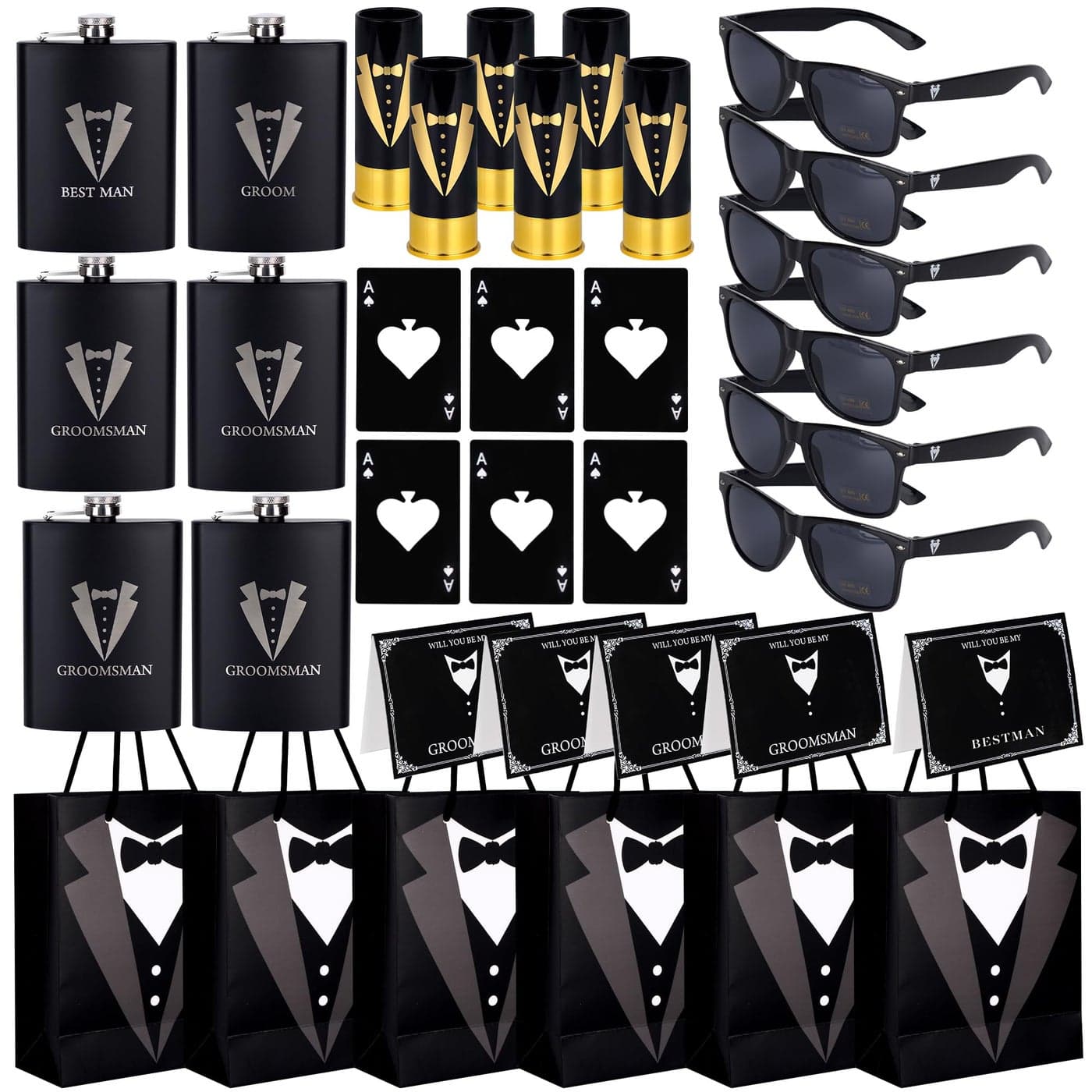 35 Pieces Groomsmen Gifts Set6 Tuxedo Flask 6pcs Bottle Opener 6 Groomsmen Gauge Glasses 6 Sunglasses 5 Card 6 Gift Bags for Wedding Bachelor Party