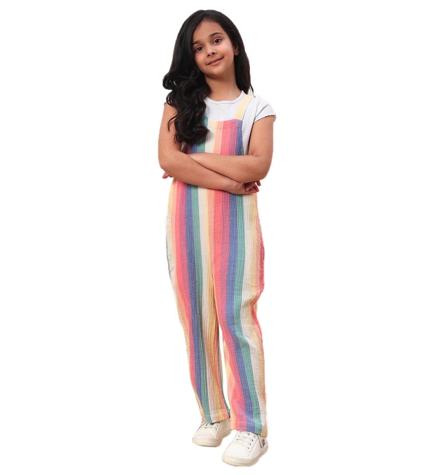 Bugandbees Rainbow Stripes Cotton Gauze Jumpsuit for Girls|Straps Shoulder Jumpsuit for 3 Years to 13 Years Kids|Party Casual Wear Western Stylish Summer Collection (BBJU00000145_10-11Y_Multicolor)