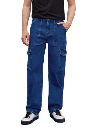 KOTTY Men's Mid Rise Solid Cargo Jeans Royal Blue