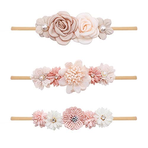 mligril Baby Girl Nylon Headbands Flower Hair Bows Accessories-Elastic Hair Band Crown Handmade FLoral Wraps Birthday Gifts for Girls Newborn Infant Toddler 3Pcs
