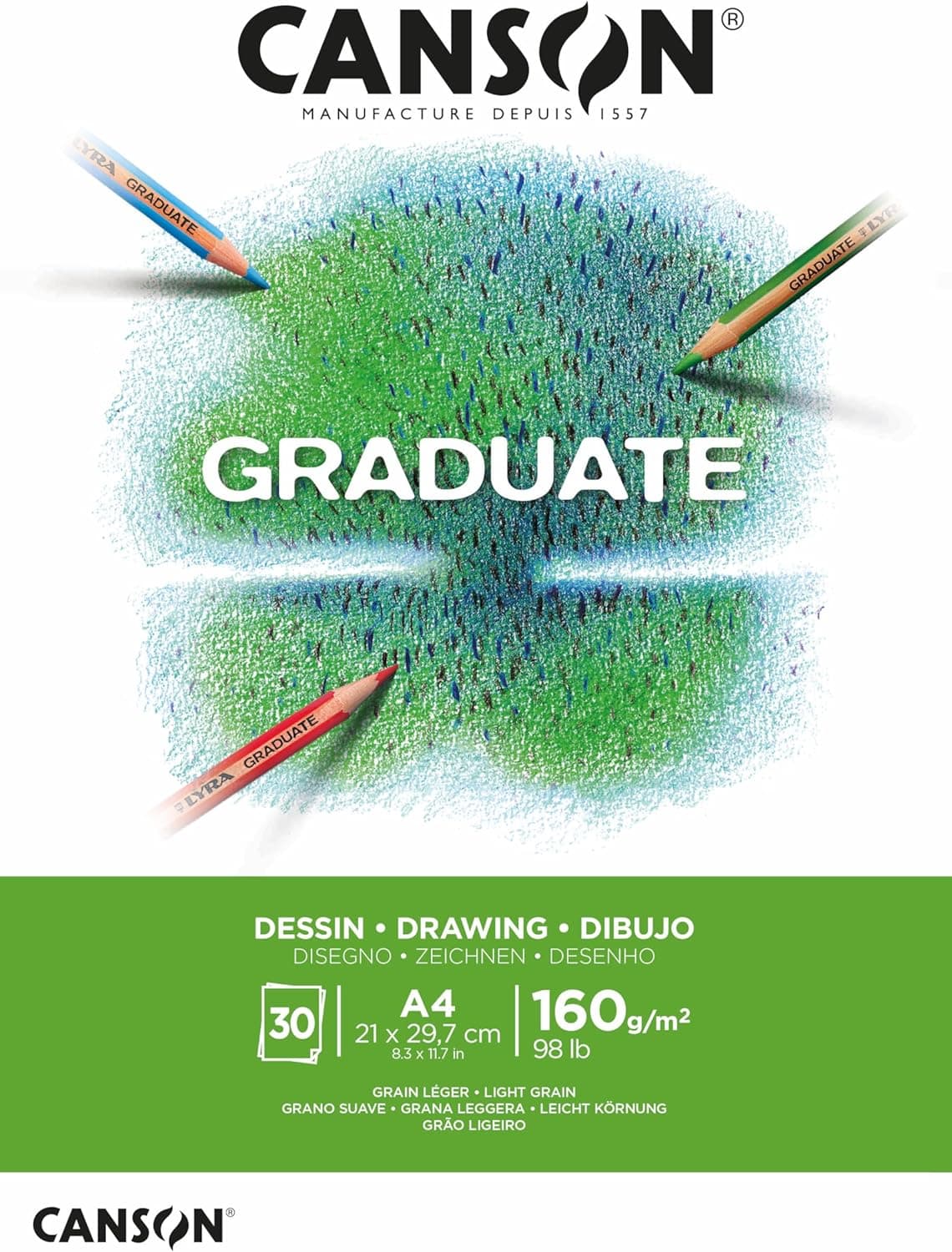 CANSON Graduate White Drawing 160gsm A4 Paper Light Grain Pad Glued Short Side 30 Bright White Sheets Ideal for Student Artists