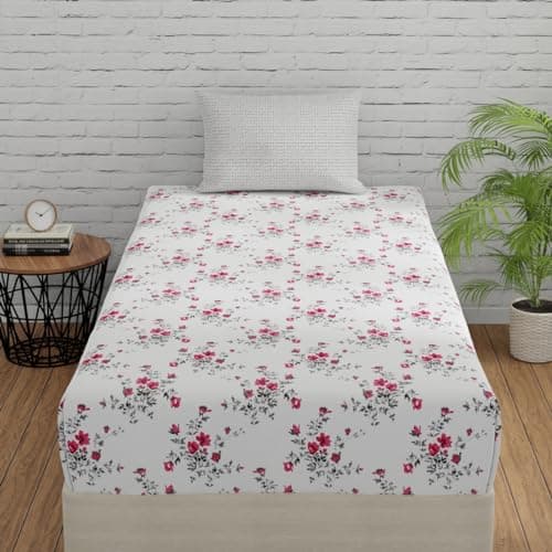 Huesland by Ahmedabad Cotton 144 TC Pure Cotton Bedsheet Single Bed with 1 Pillow Cover | White, Light Coral & Grey