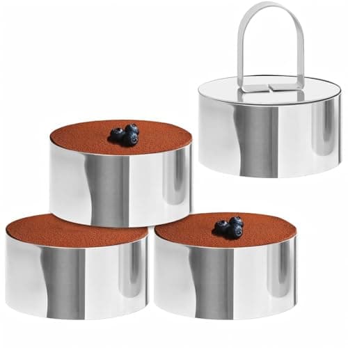 JTisiafly 4-Pack 3 Inch Stainless Steel Baking Ring Molds with Pusher - Professional Food Ring Mold for Cooking & Baking, Easy Release Crumpet Rings, Dishwasher Safe & Leak-Proof Silver Kitchen Tools