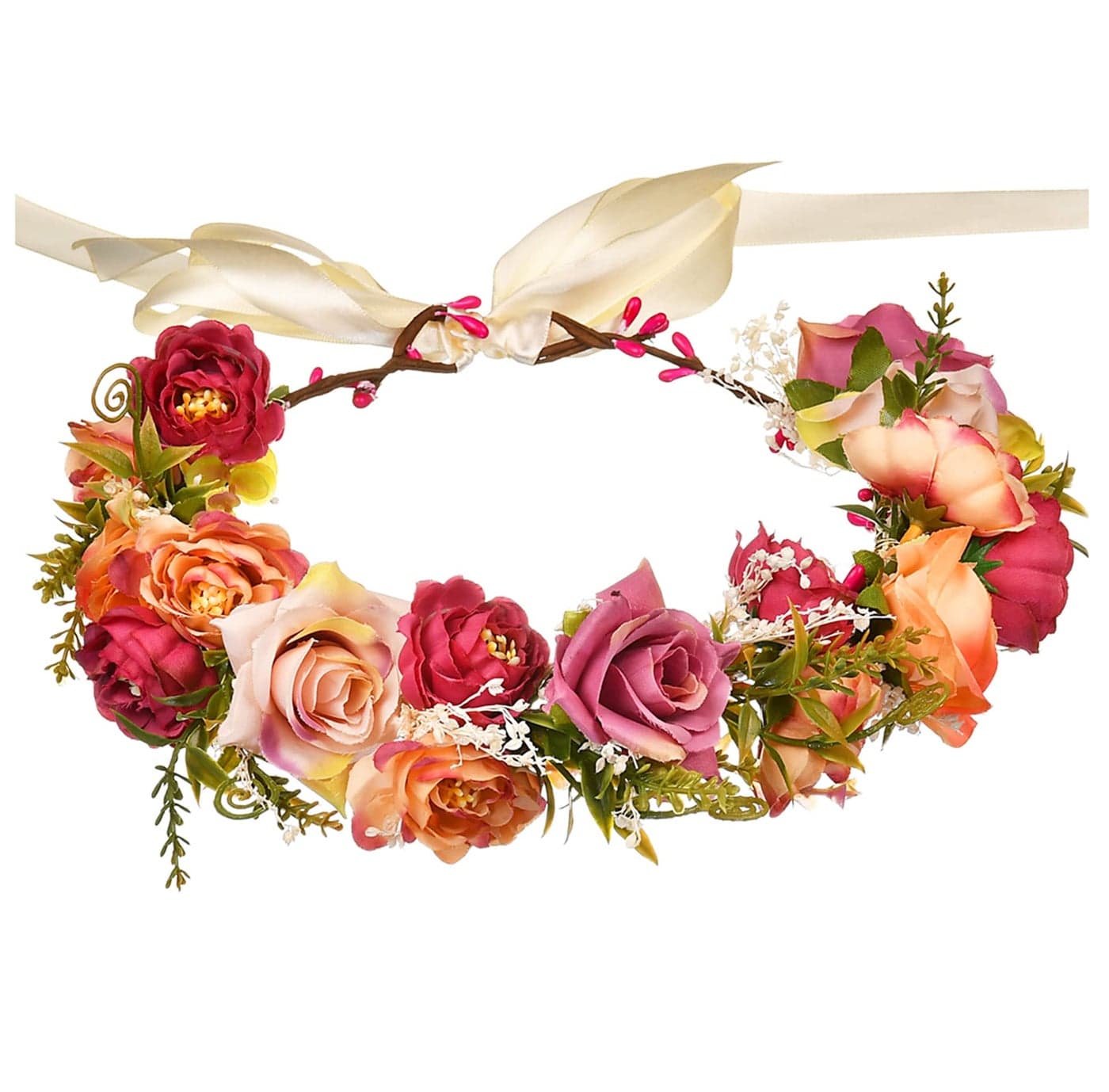 Vivivalue Floral Crown Rose Flower Headband Hair Wreath Floral Headpiece Halo Boho with Ribbon Wedding Party Festival Photos