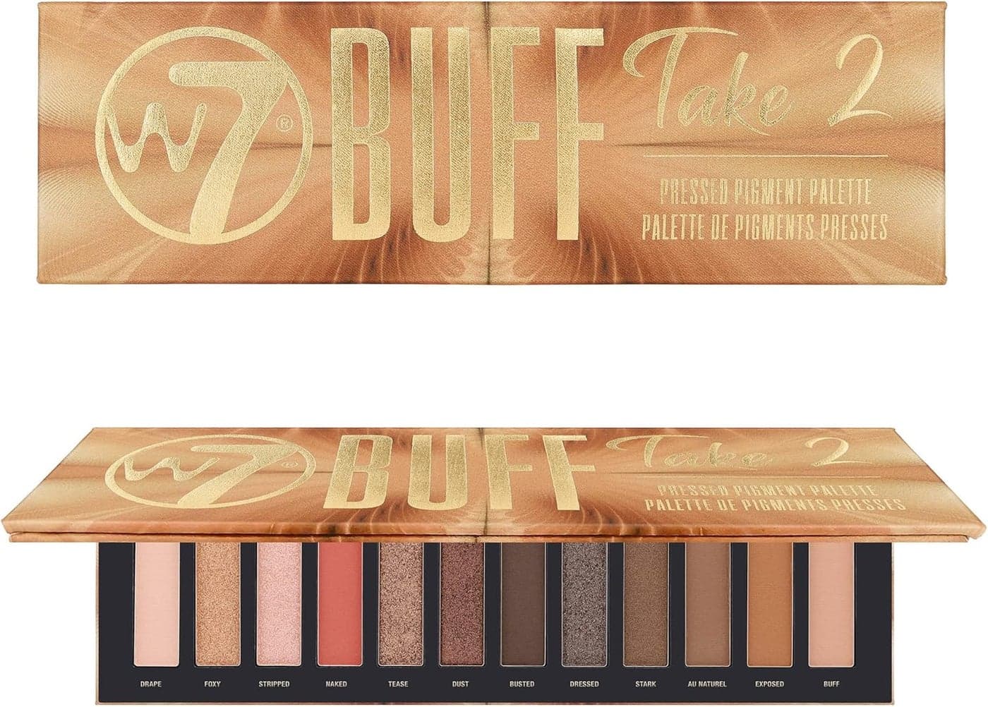W7 Buff Take 2 Pressed Pigment Palette Creamy Matte Shimmer Metallic Tones Neutrals Golds Coppers Pinks and Smoke Colors Cruelty Free Makeup For Women