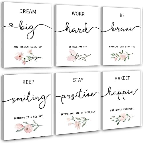 Inspirational Wall Art for Bedroom, Motivational Office Wall Art Decor, Framed Canvas Wall Art for Women, Girls, Positive Affirmations Quotes Prints, Set of 6PCS, 8"x10", FRAMED