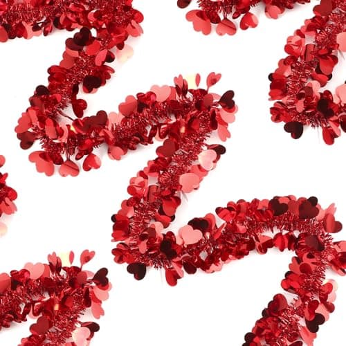 Amiatalo 50 Feet Valentine's Day Heart Tinsel Garland, Red Heart Metallic Tinsel Garland for Valentine's Day Tree Indoor Outdoor Home Supplies
