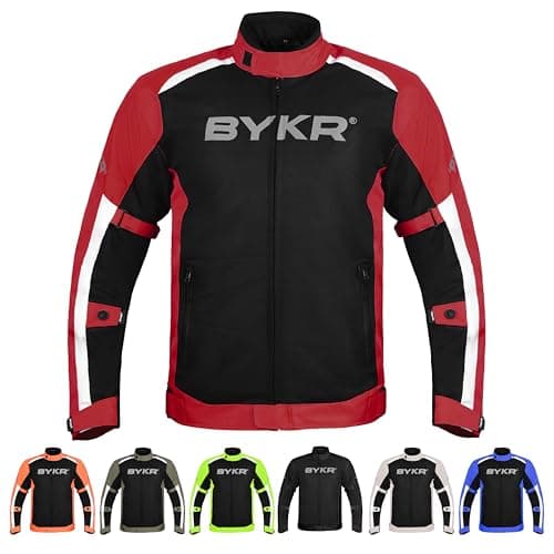 BYKR Mesh Motorcycle Jacket For Men Dual Sports Adventure Breathable Air Racing Bikers Riding Powersports Protective Motorbike Jackets Enduro CE Armored Red 2XL