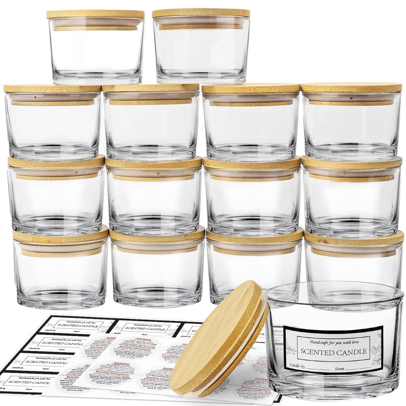 CONNOO 15 Pack 4 OZ Clear Glass Candle Jars with Airtight Bamboo Lids for Making Candles Bulk Small Wide Mouth Empty Candle Containers with Sticky Warning Labels Dishwasher Safe