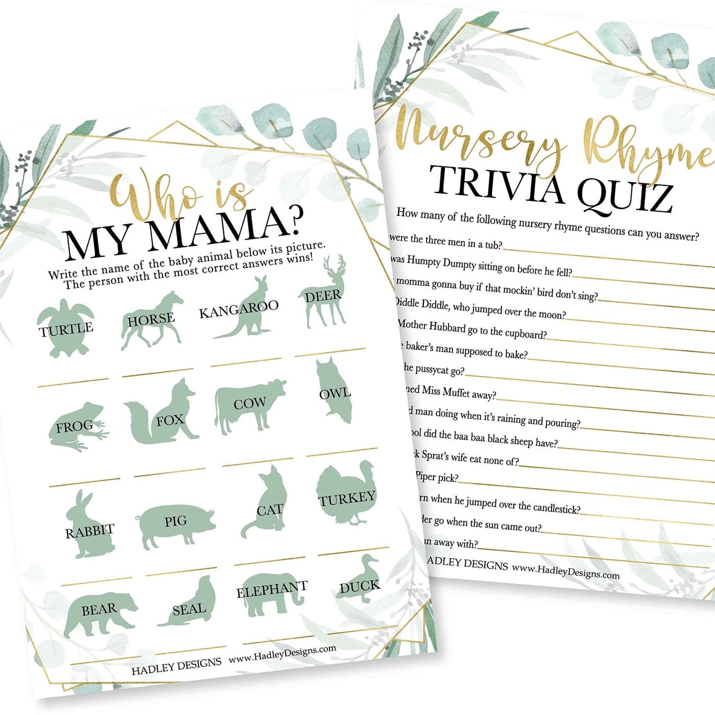 Hadley Designs Hilarious Baby Shower Games Set 25 DoubleSided Cards for 25 Guests 2 Games Baby Animal Matching Nursery Rhyme Gender Neutral and Fun for Boys Girls Greenery