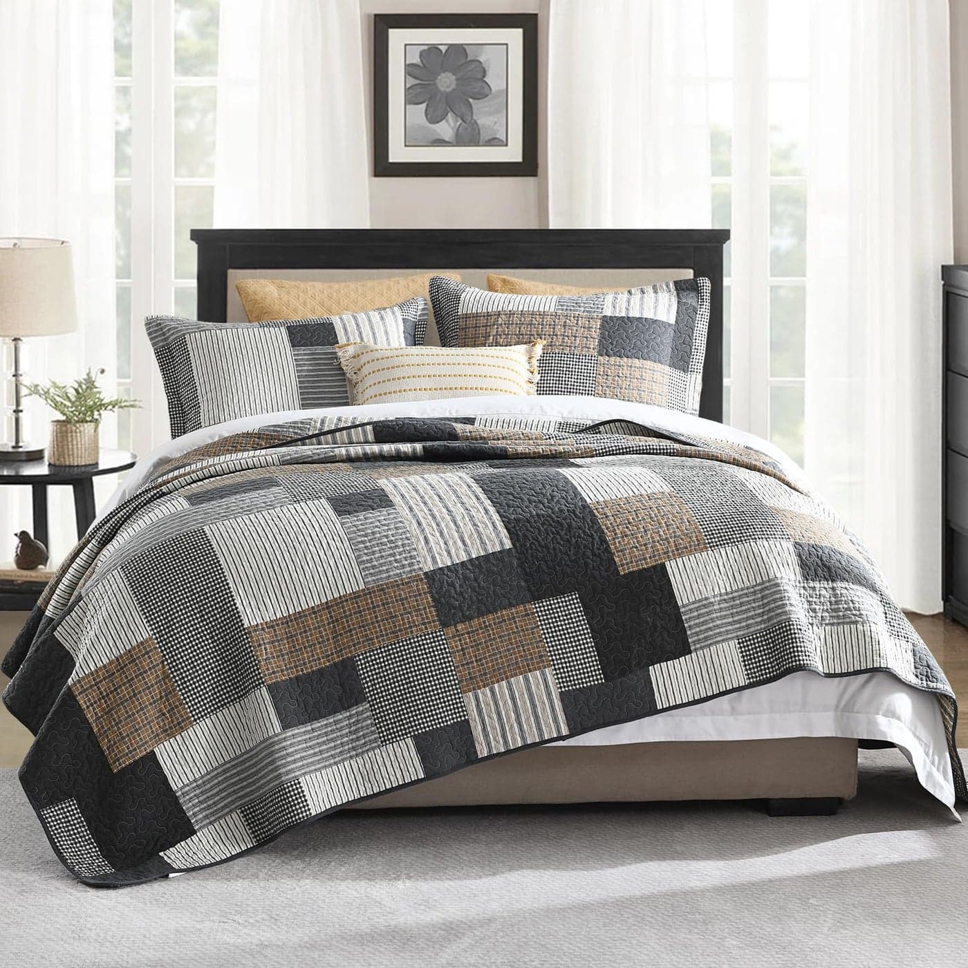 PERHOM Quilt Queen Size 100 Cotton Lightweight Bedspread Gray Brown Black White Plaid Patchwork Soft Reversible Quilt Queen Size for Bed Set All Season 3 Pieces